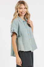 Mittoshop Shirt Mineral Washed Flounce Short Sleeve Button Down Cotton Top f28db908-13f1-4b35-b320-6fc4852f57d8-Min Trendsi