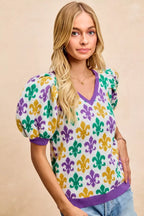 BiBi Women V Neck Knit Top Mardi Gras Fleur De Lis Patterned Short Sleeve f28ddd880019422095d33a289f1e41c2-Max-Origin Trendsi