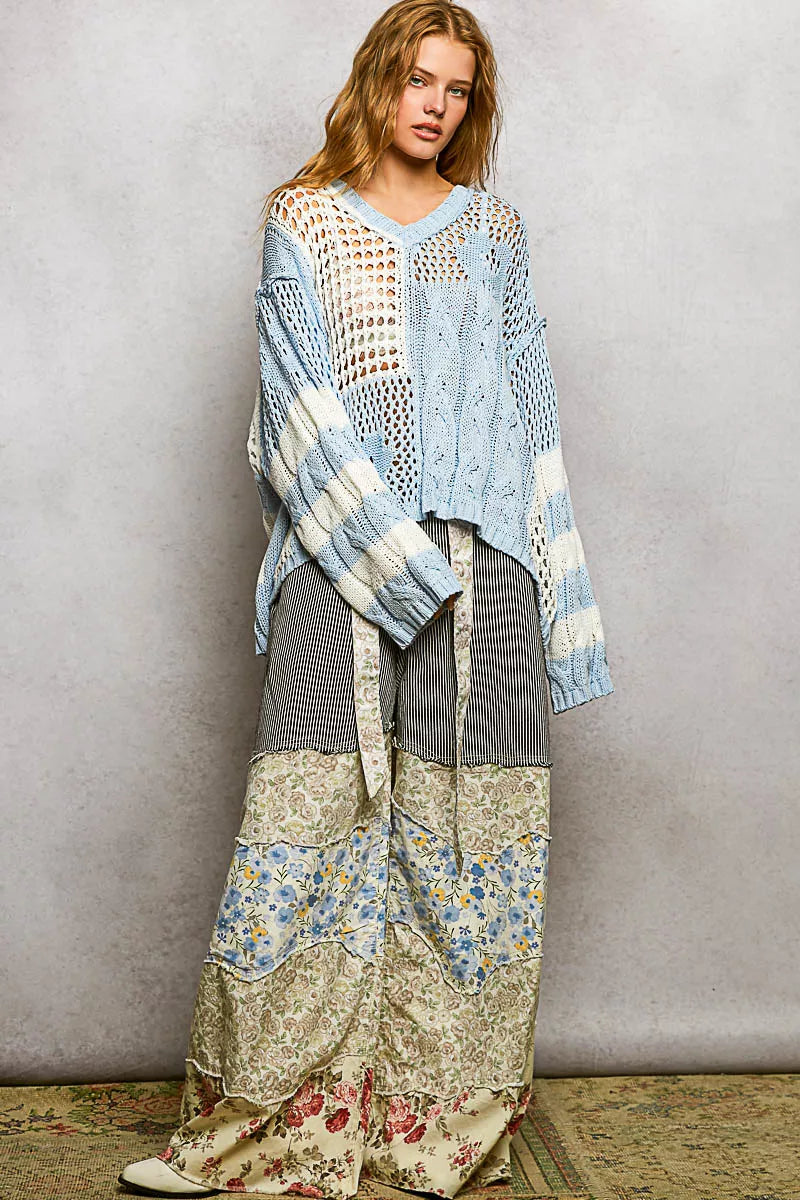 POL Womens Sweater Sky Blue Knit Color-Block Stripe Pattern Top Twisted Weave f28e17ea-62fa-49b5-9f7e-8a095b77a014-Max-Origin Trendsi