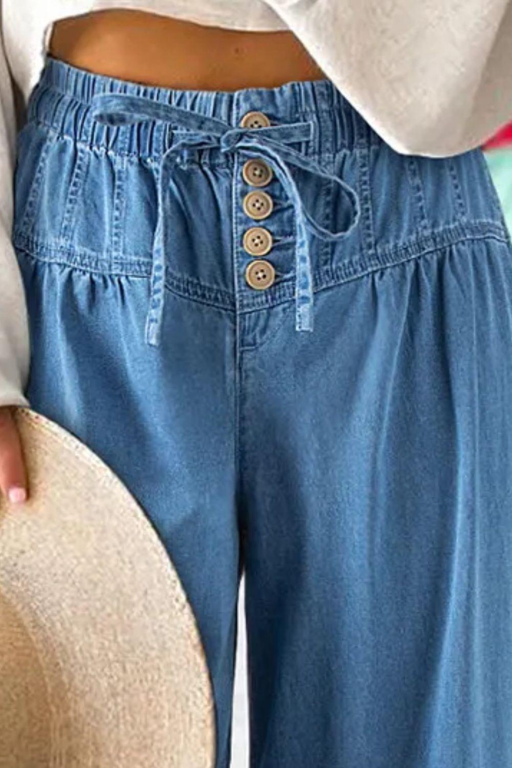 Wide Leg Jeans Drawstring Elastic Waist Denim Loose Pants f290a4c9-b76f-427e-8a04-93baed786d0e-Max Trendsi