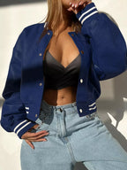 Women's Bomber Jacket Snap Down Stripe Contrast Long Sleeve Outwear Navy f293fea0fa7e41da8a0bcd1fb57cf934-Max-Origin Trendsi