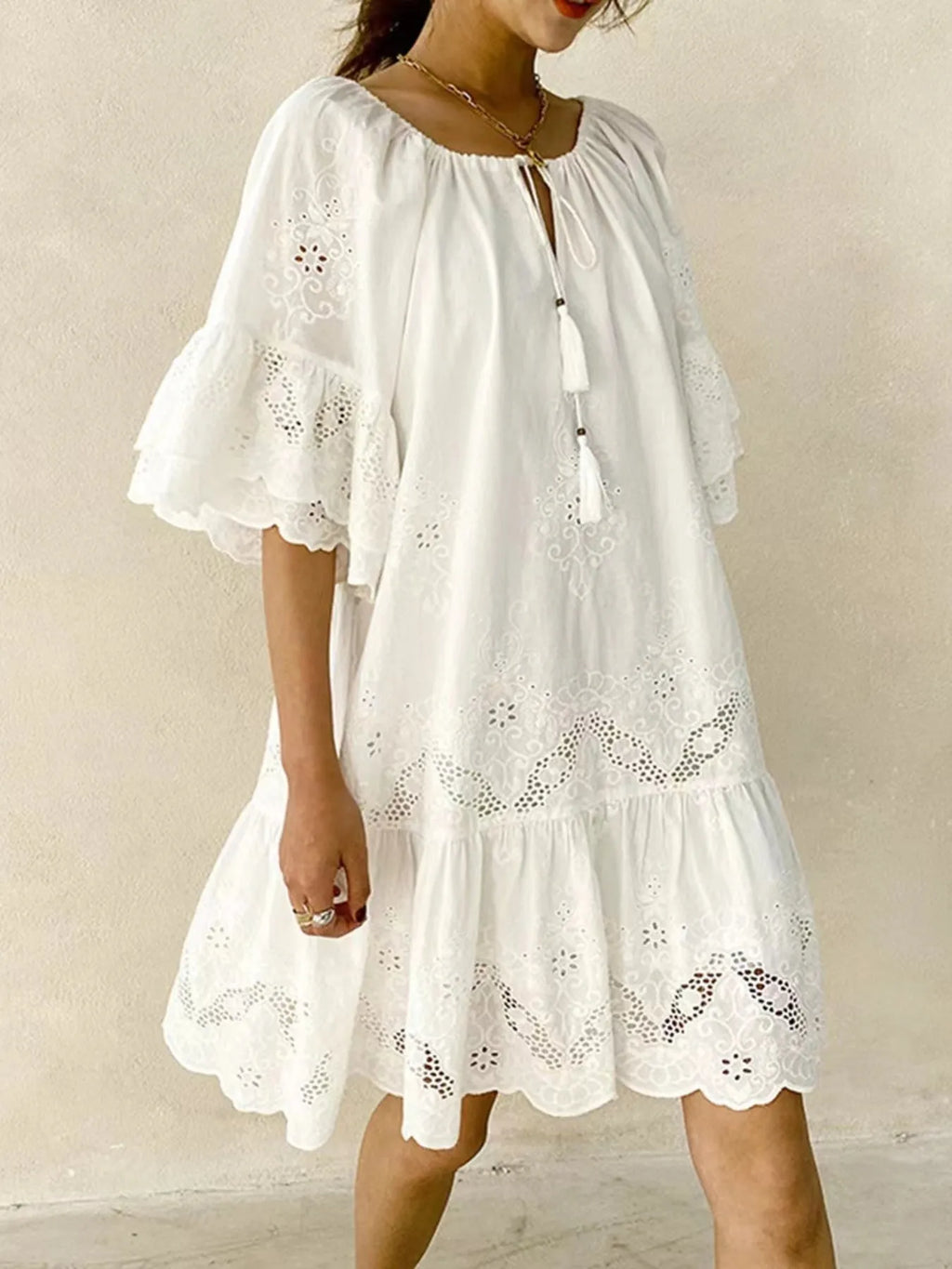 Mini Dress White Crochet Eyelet Embroidered Tassel Tie Neck Short Sleeve f29ec103724e4987942d622306bef354-Max-Origin Trendsi
