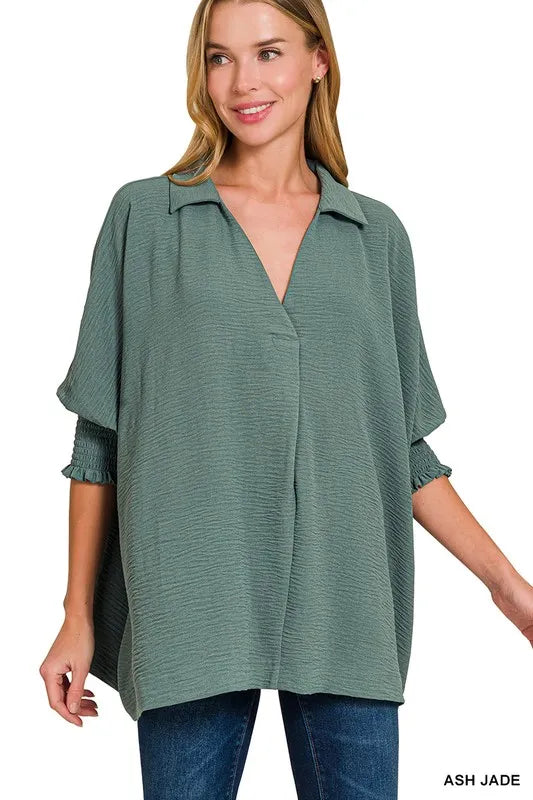 Zenana Airflow Collar Tee with Smocked Sleeve Band