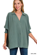 Zenana Top Collared Ash Jade Airflow with Smocked Sleeve Band Blouse ASH JADE f2a1da8984a1437da6a42d6ac70bc55d-Max-Origin Trendsi