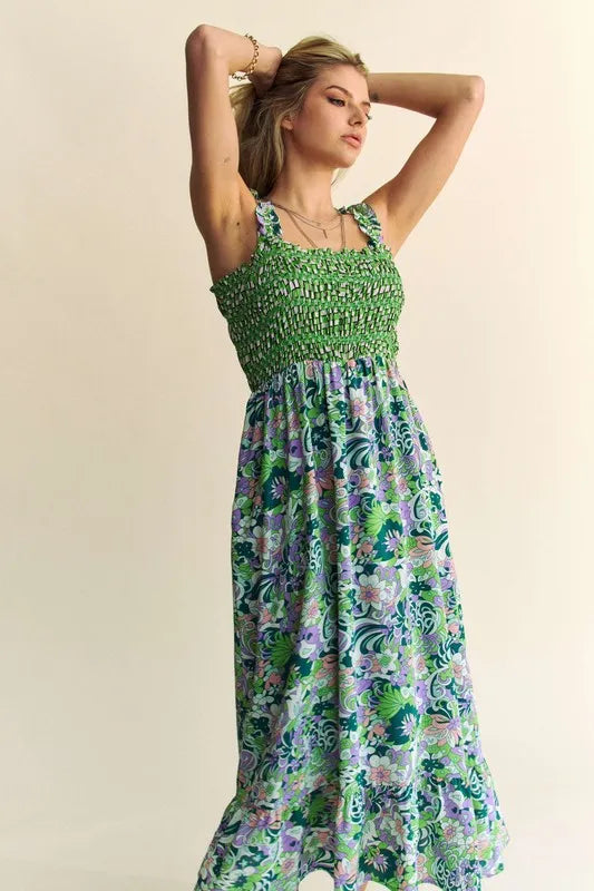 Davi & Dani Midi Dress Multi Green Floral Smocked Bodice Geo Ruffle Strappy f2a811c619e44feeafa8ef0f16a63de4-Max-Origin Trendsi