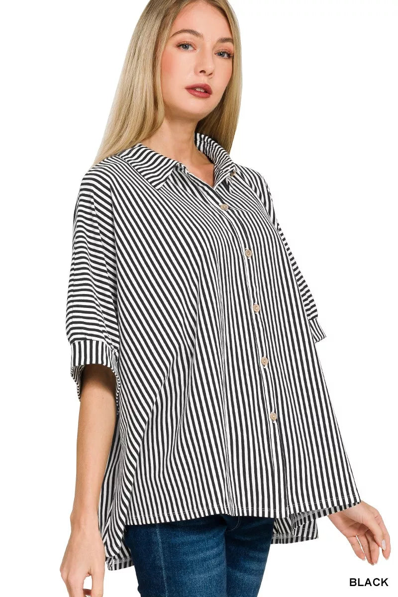 Zenana Women Oversized Shirt Black Stripe Short Sleeve Top f2a8394a239745c79fee3ab4d6f79e54-Max-Origin Trendsi