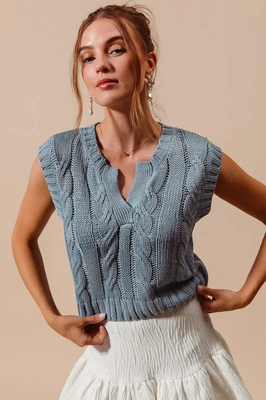 SO ME Notched Neck Cable Knit Sweater Vest