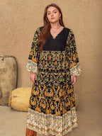 Plus Size Floral V-Neck Midi Dress with Balloon Sleeves