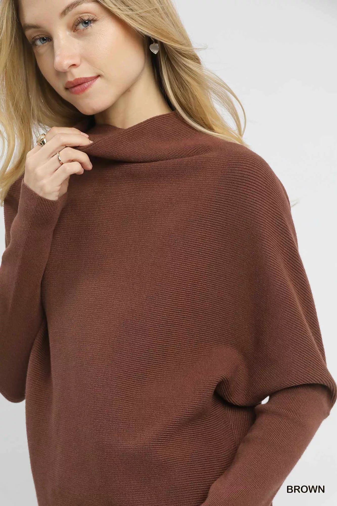 Umgee Brown Knit Top Draped Turtleneck Long Sleeve Loose Solid Pullover f2b0b805-689f-4b77-bac6-b3ca91cb5191-Max-Origin Trendsi