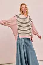 BiBi Womens Sweatshirt Stripe Mixed Top With Cut Edge And Reverse Outseam f2bc4beb67b64728b70582609588a0c0-Max-Origin Trendsi