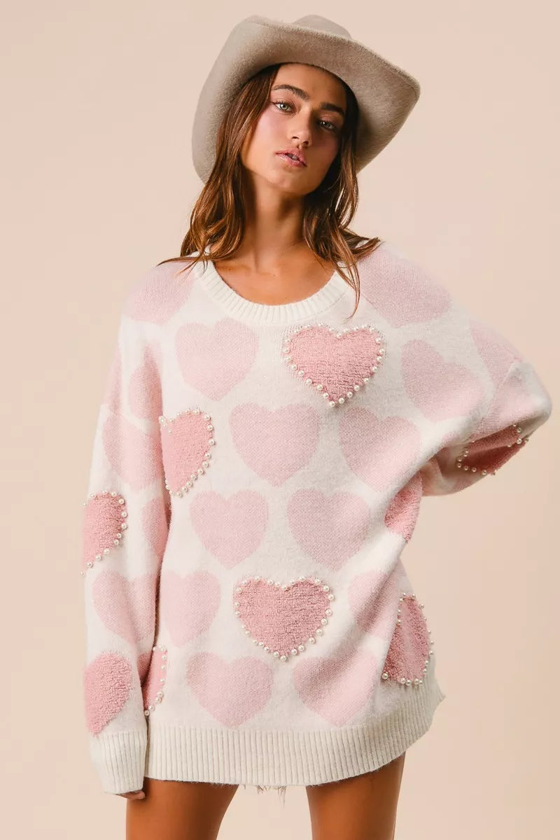 BiBi Womens Sweater Light Pink Heart Pattern with Pearl Detail f2bdb85ac4a14708872015392565adeb-Max-Origin Trendsi