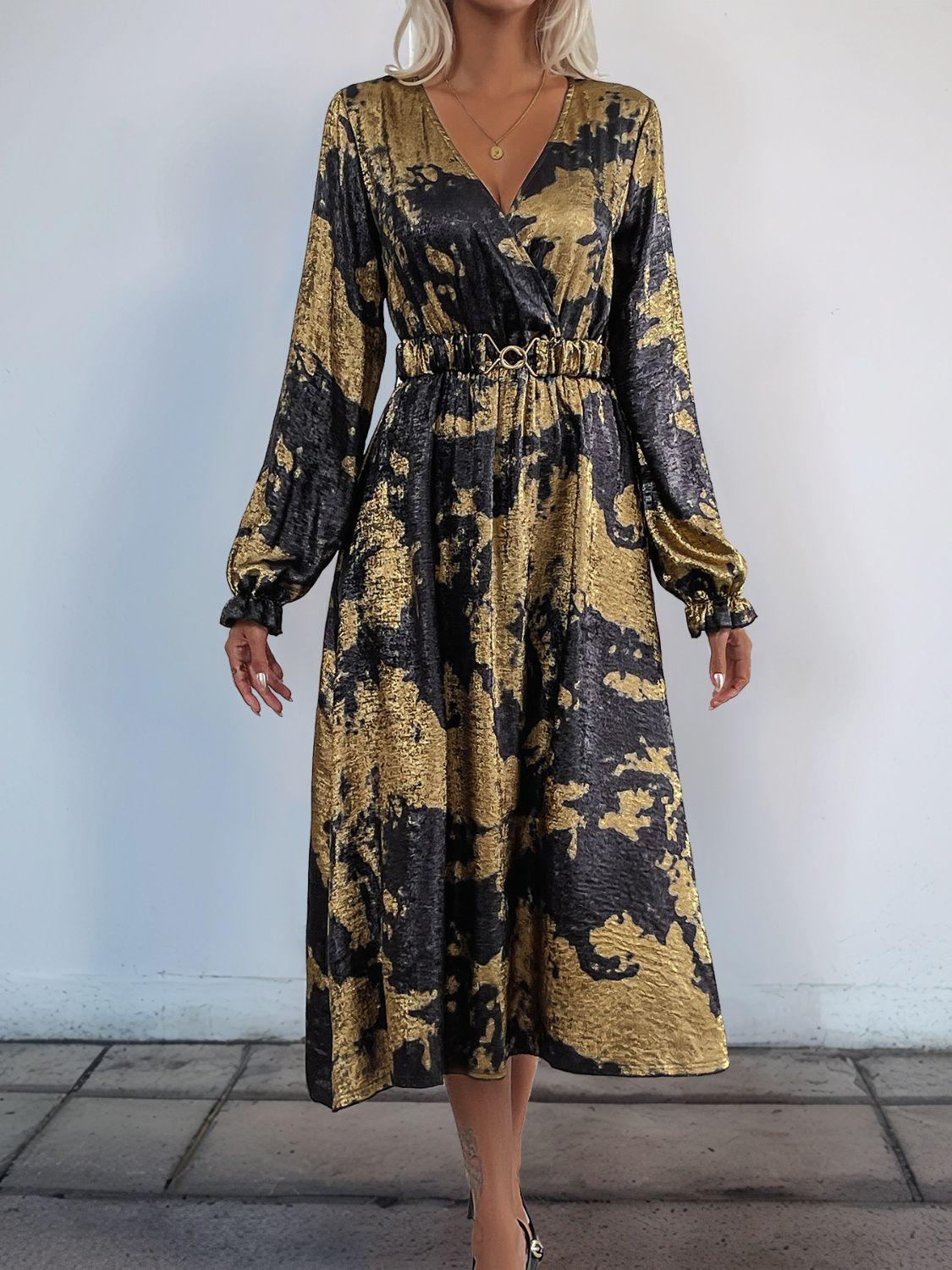 Perfee Midi Dress Gold Printed Surplice Long Sleeve V Neck Elastic Belt f2beae5e-dea0-47c9-91ff-f848f7a77875-Max Trendsi