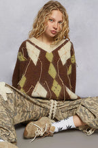 POL Sweater V-Neck Mocha Argyle Pattern Mohair with Contrast Exposed Stitch f2cfee98-7ea9-4559-a8dd-d9d79ab31d21-Max-Origin Trendsi