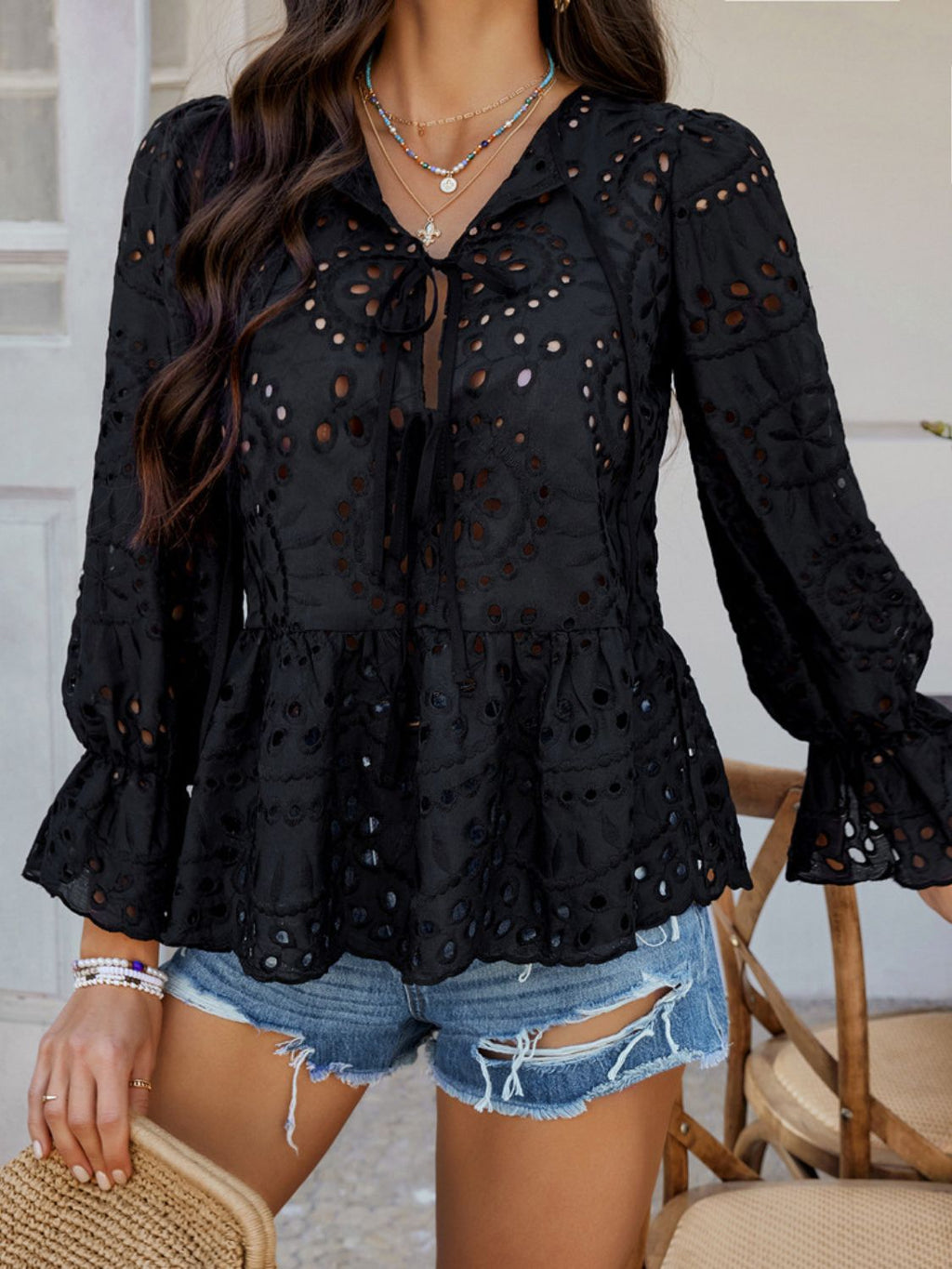 Crochet Blouse Ruffle Tie Front Flounce Long Sleeve Peplum Cut Out Embroidered f2d329cc-382a-491d-b10f-2c07863879b5-Max Trendsi