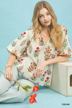 Umgee Womens Blouse Cream Floral Print Puff Short Sleeve Scallop Hem Top f2da26d7-1bcb-43e5-9bf4-b64b0cd82a83-Max-Origin Trendsi