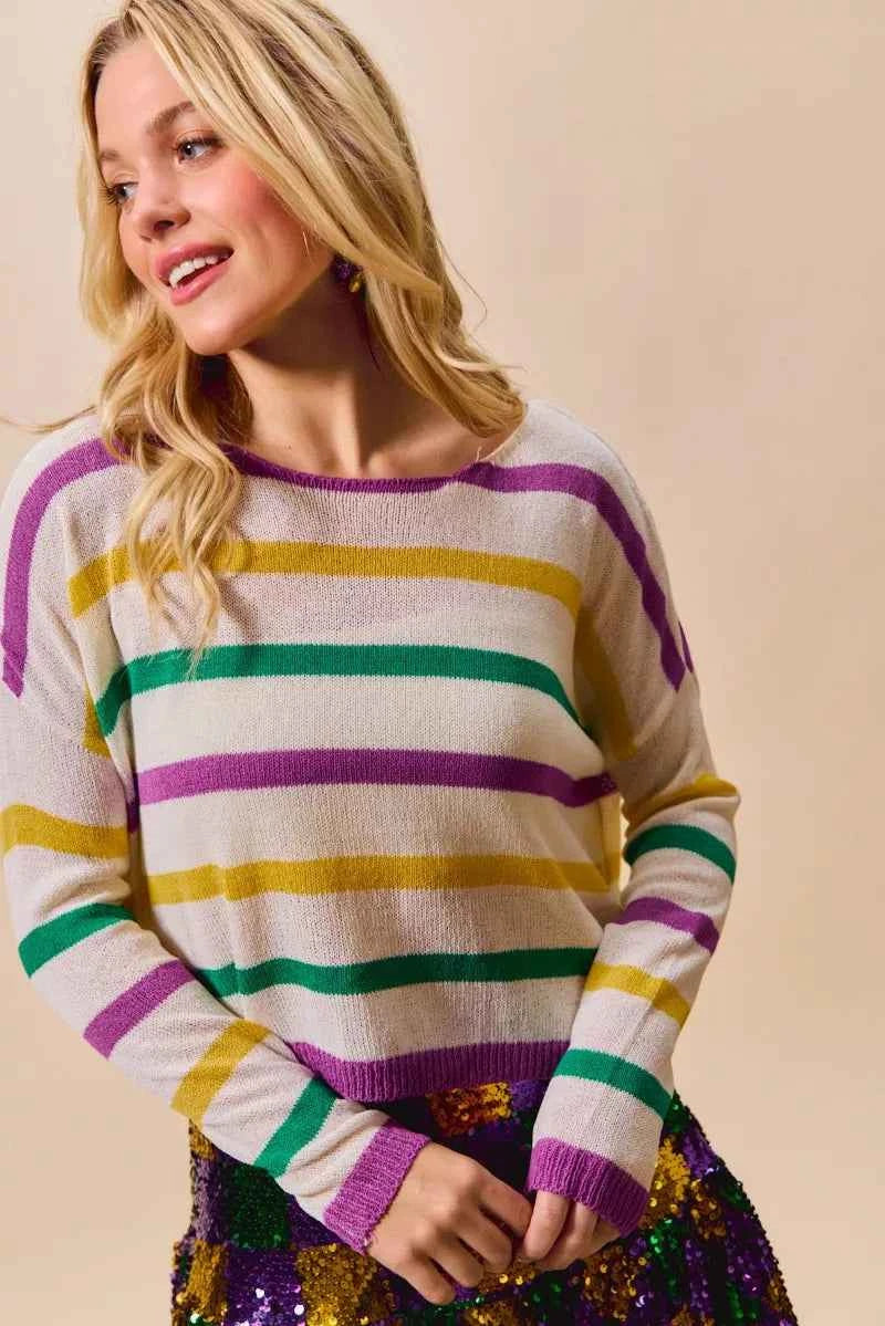 SO ME Mardi Gras Color Stripe Lightweight Sweater Top