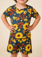 Children's Sunflower and Autumn Leaves Print T-Shirt and Shorts Two-Piece Set