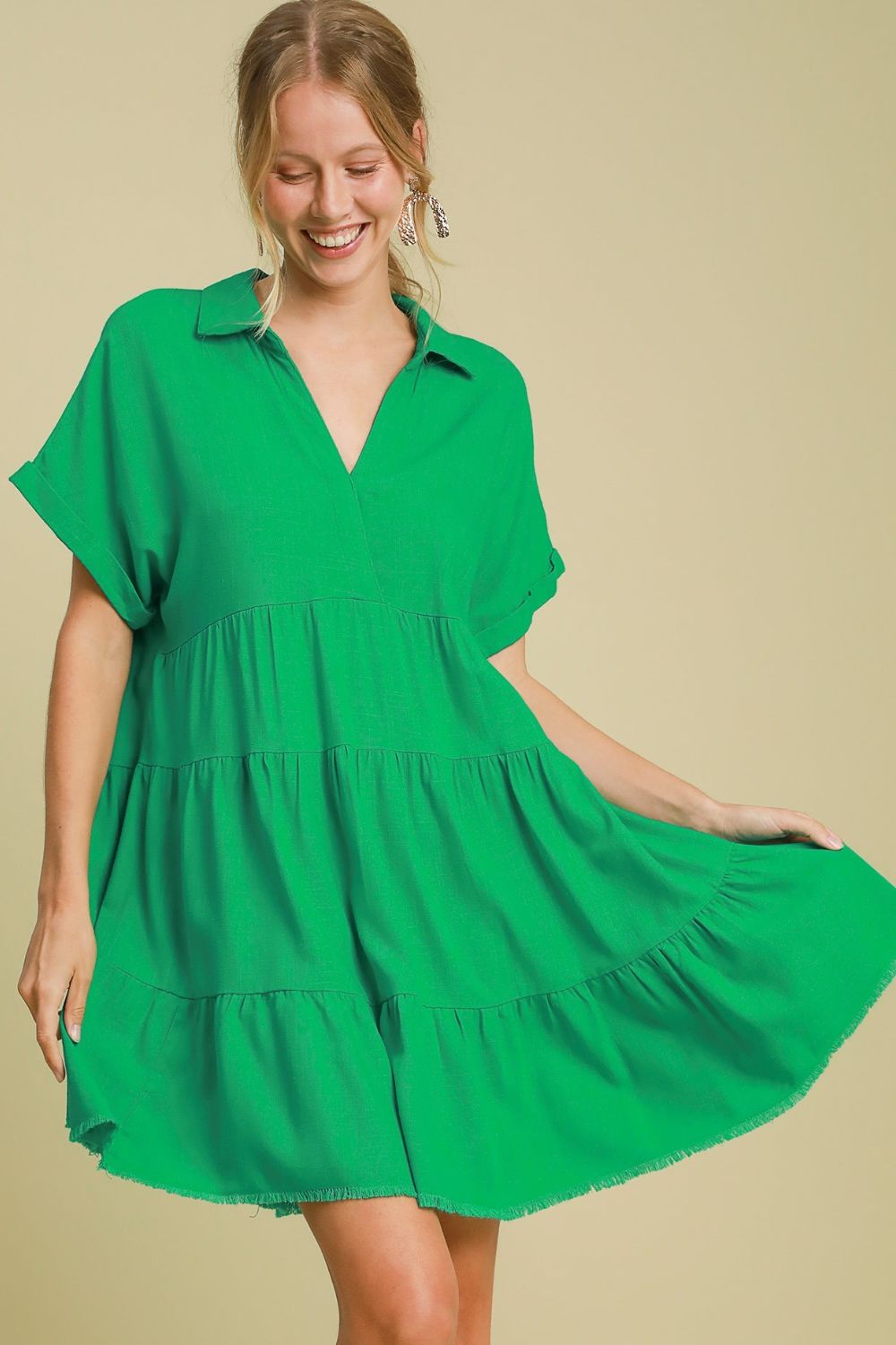 Umgee Mini Dress Green Ruffle Raw Hem Folded Short Sleeve Tiered Green f2e8c83d-9456-430a-b6ab-1d72d050e269-Max Trendsi