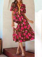 Floral Print Dress with Split Neck, Short Puff Sleeves, and Ruffled Hem