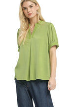 Umgee Embroidered Linen Puff Sleeve Blouse