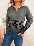 Women's Sweater Flower Hem Zip Collar Long Sleeve Stylish Pullover f2facc995964407b94f627332b22f015-Max-Origin Trendsi