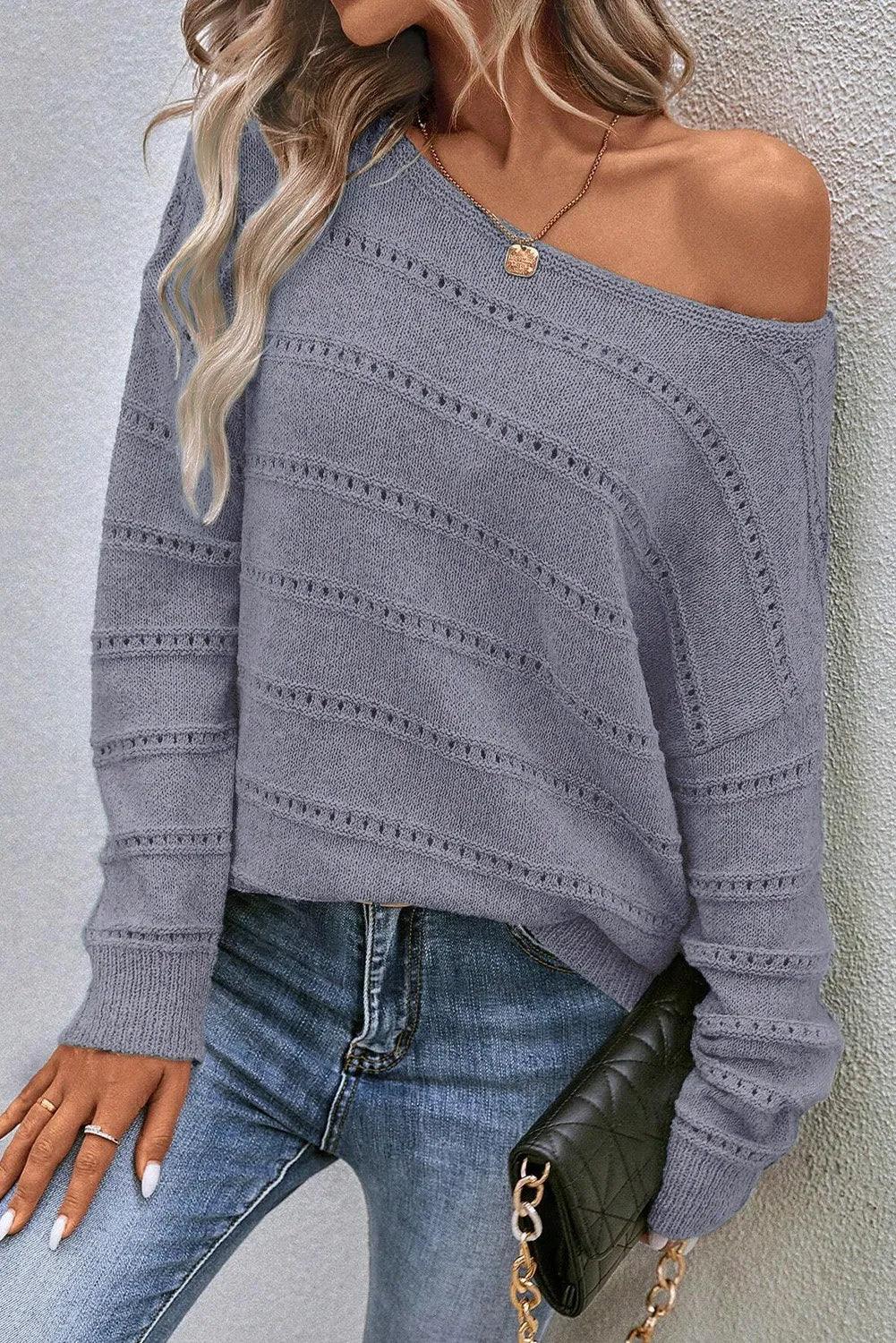 Sweater Boat Neck Dropped Shoulder Long Sleeve Knitwear f3048bdf-f7ee-4c21-a2bd-ae133678242e-Max Trendsi