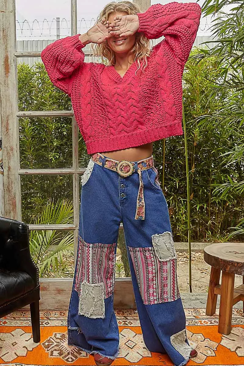 POL Womens Sweater Fuchsia Cable-Knit Solid V-Neck Cropped Oversized f305b543-320a-4f38-8309-deb8a69607ca-Max-Origin Trendsi