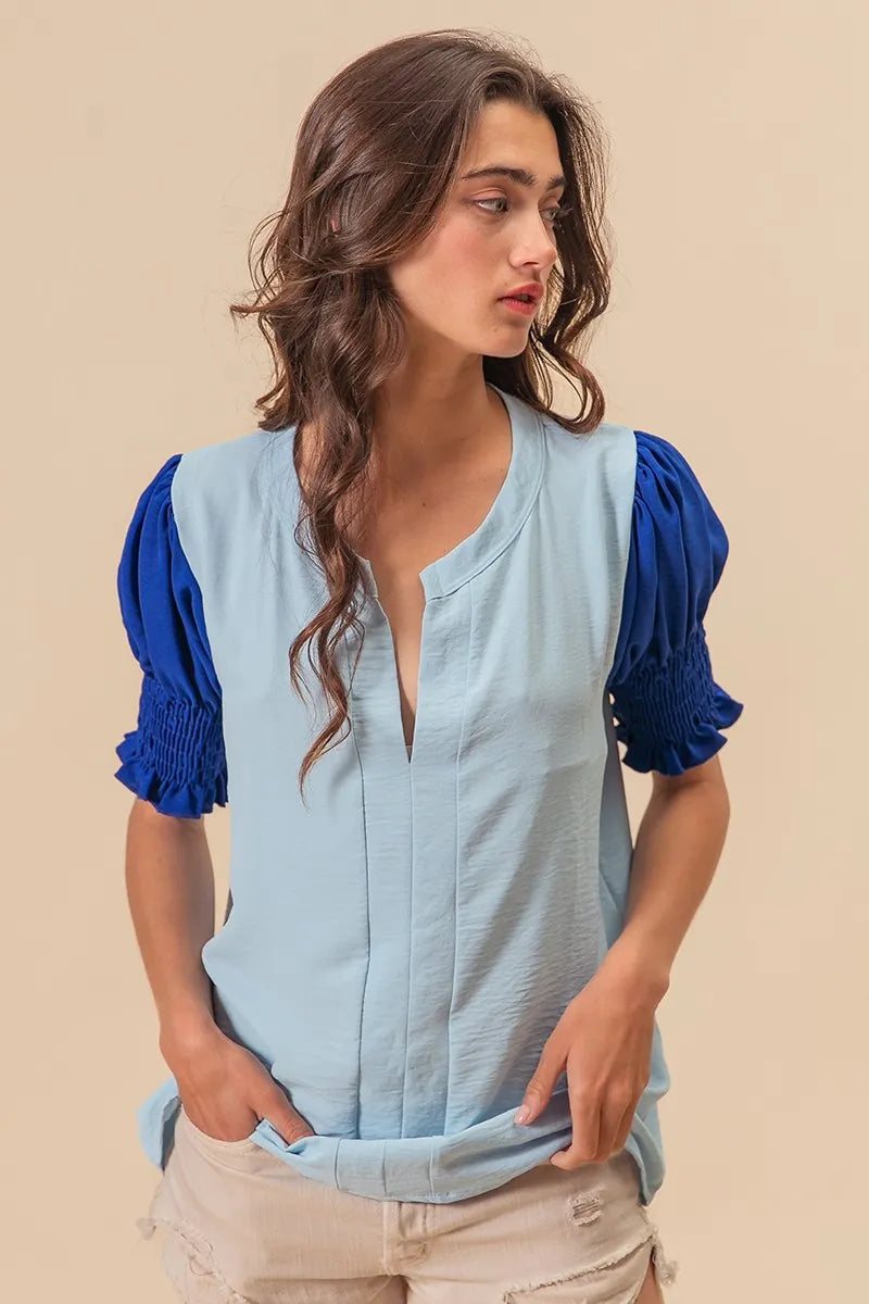 BiBi V Neck Top Air Flow Ruffled Blue Color Block Puff Short Sleeves f307dabe3ad54278894e896c0697681f-Max-Origin Trendsi