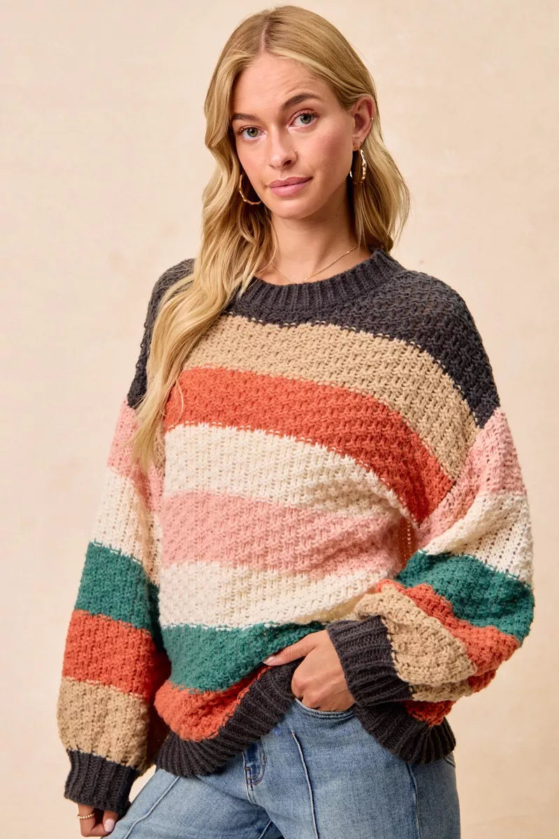 BiBi Womens Sweater Stripes Color Block Chunky Knit Oversized f3082ccdad2c4577ab144acb2cf84f94-Max-Origin Trendsi