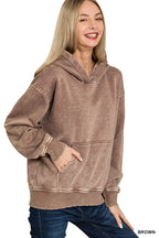 Zenana Womens Fleece Hoodie Brown Acid Wash Kangaroo Pocket f3090974e68841faab39aca793085a44-Max-Origin Trendsi