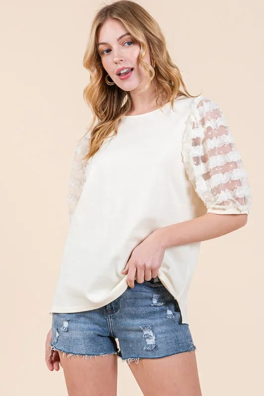 Lime 'N' Chili Top Lace Puff Sleeve Round Neck Cream Blouse CREAM f3096307af1d4f2196714018dfba158e-Max-Origin Trendsi