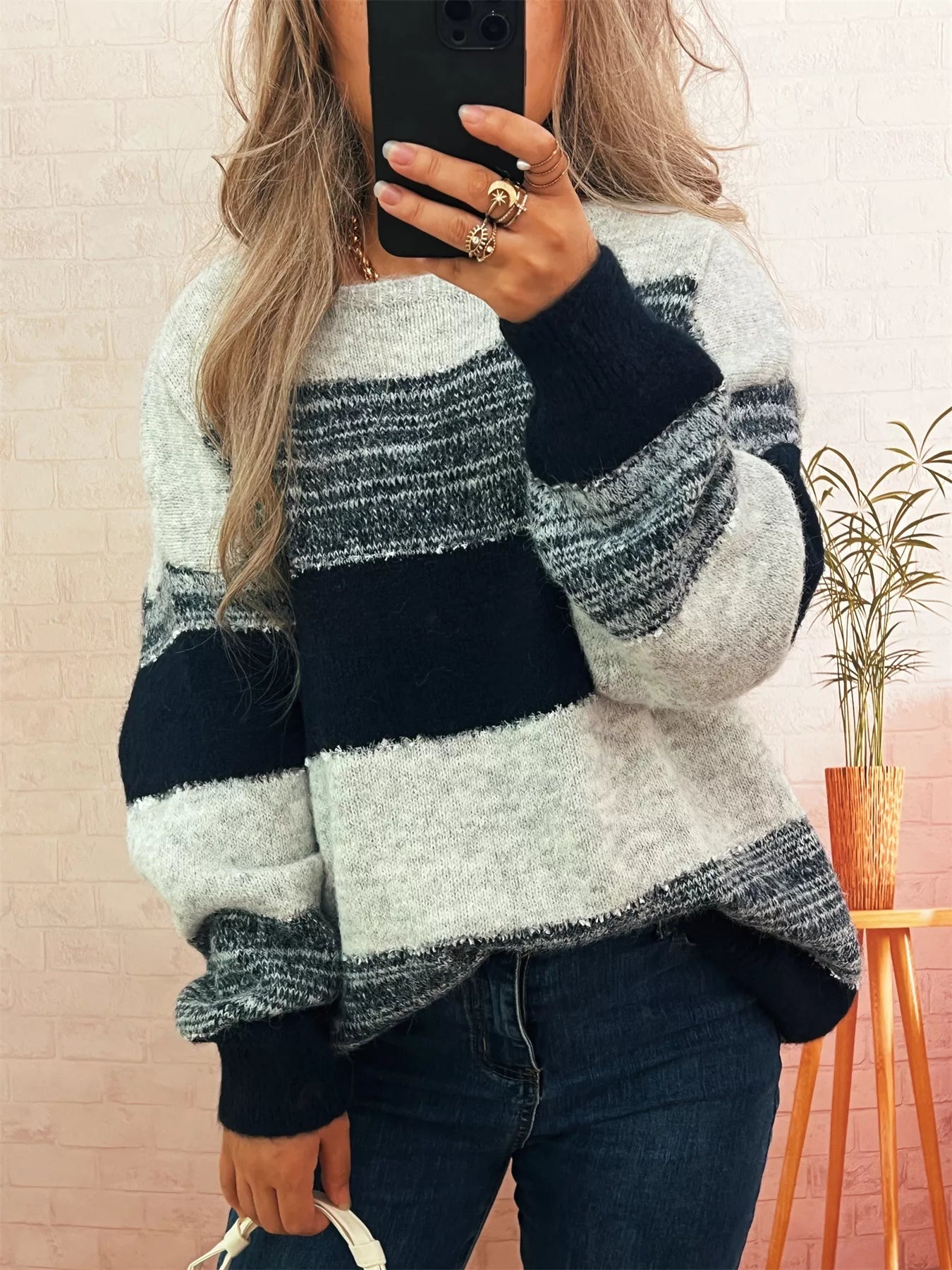 Women's Sweater Color Block Stripe Dropped Shoulder Knit Pullover Blue One Size f31259b2ba834f369a460c379265dd90-Max-Origin Trendsi