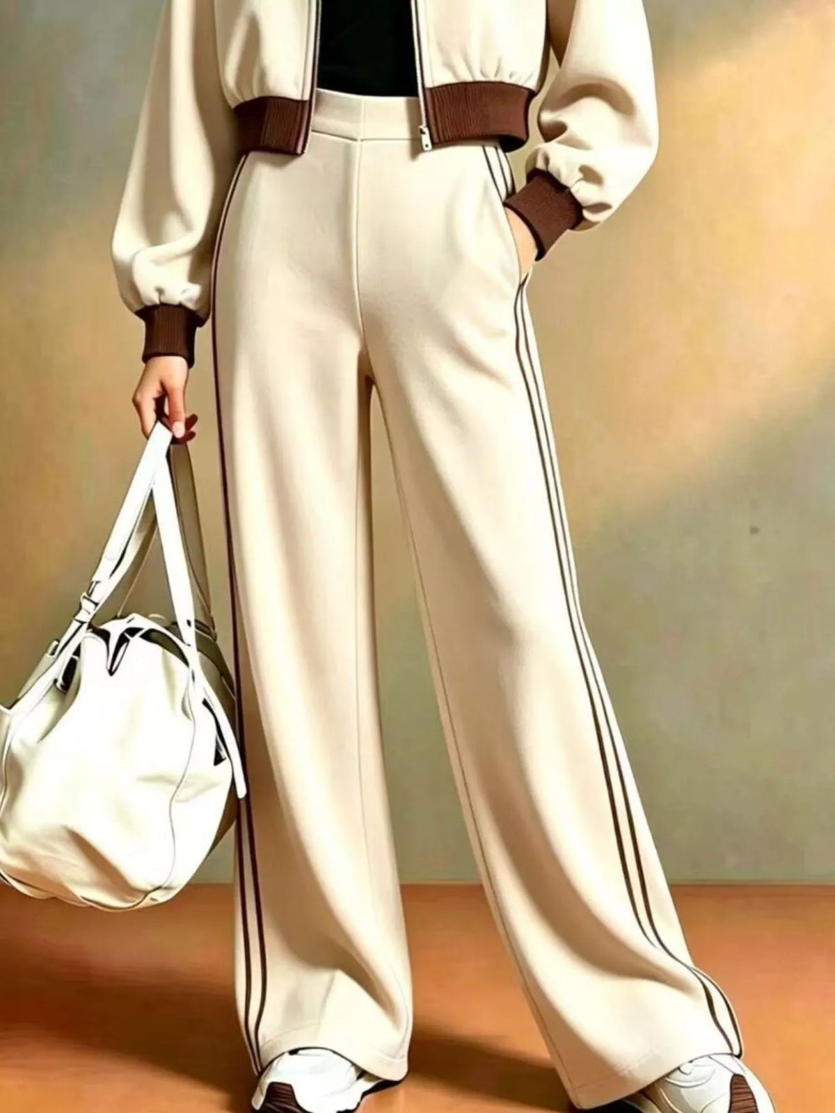Pantalones deportivos de pierna ancha crema con franjas laterales sobre zapatillas blancas