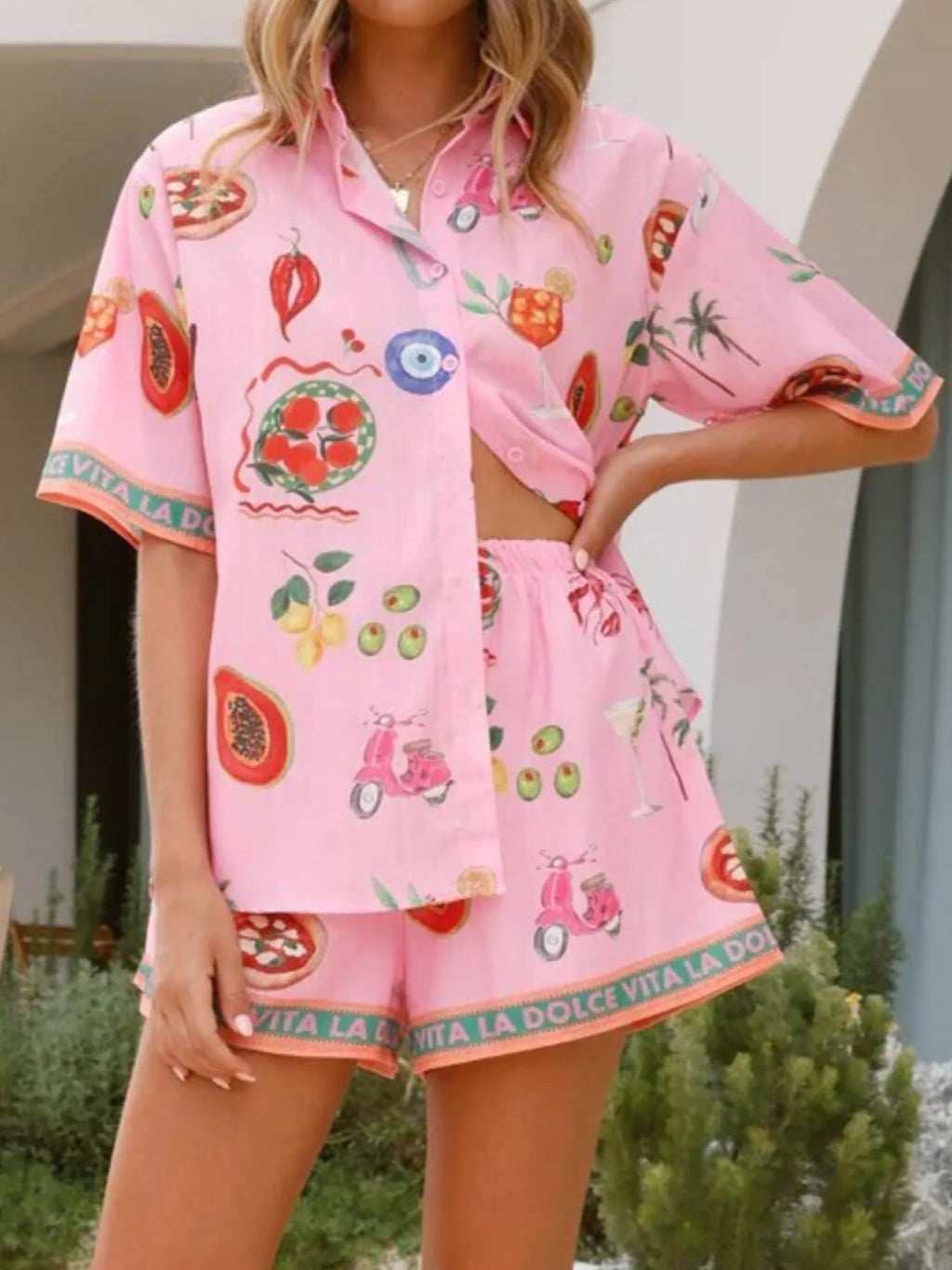 Women's Outfit Set Pink Summer Printed Button Up Shirt and Shorts 2 Pcs f317c875-726b-4549-879f-8f03c0d6ad92-Max-Origin Trendsi