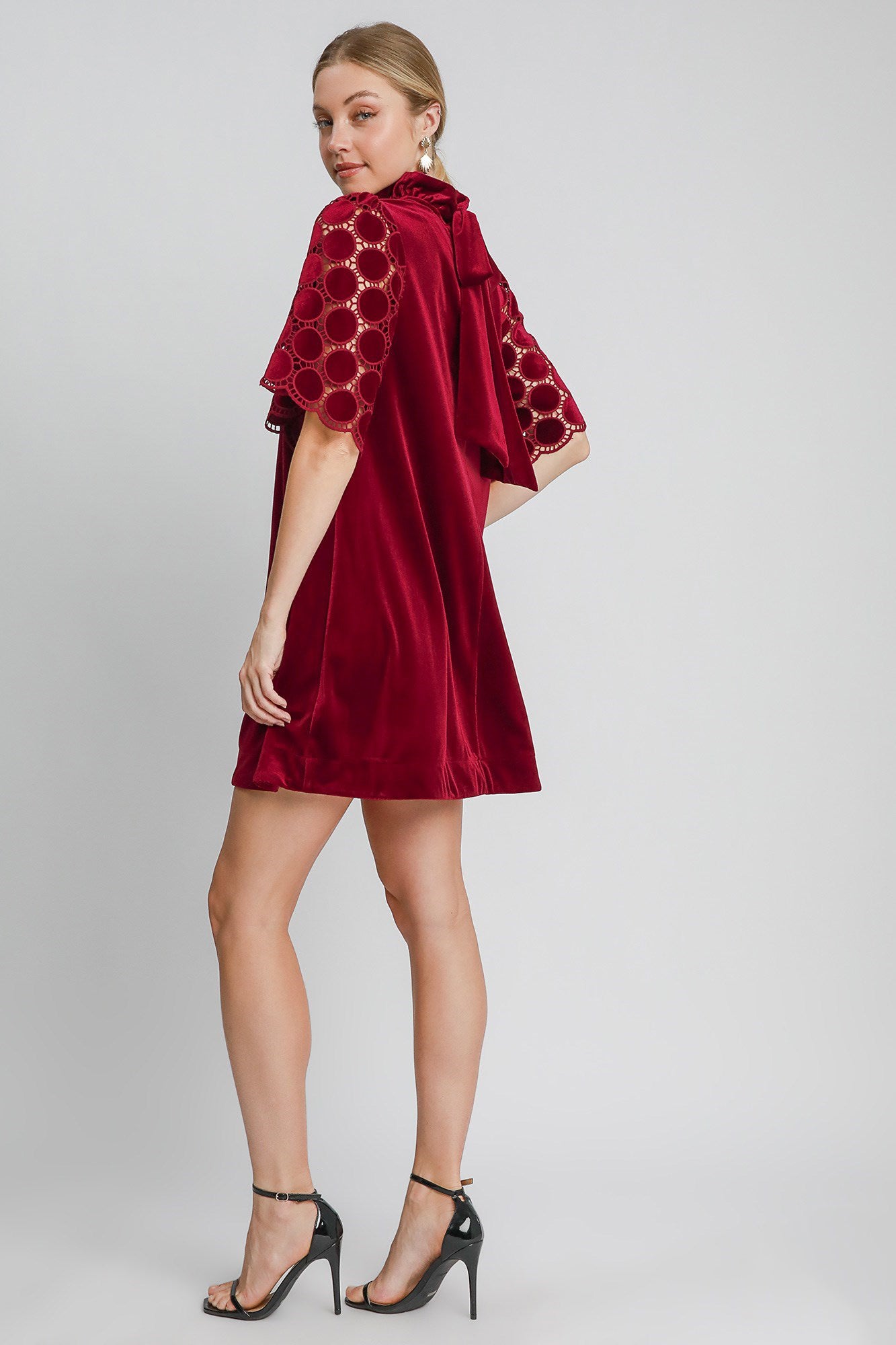 Umgee Velvet Mini Dress Burgundy Dotted Lace Half Sleeve Mock Neck Back Tie