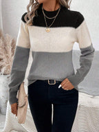 Striped Sweater Color Block Mock Neck Long Sleeve Soft Knitwear f327823d-ef37-4805-9f0b-97afaf008f92-Max Trendsi