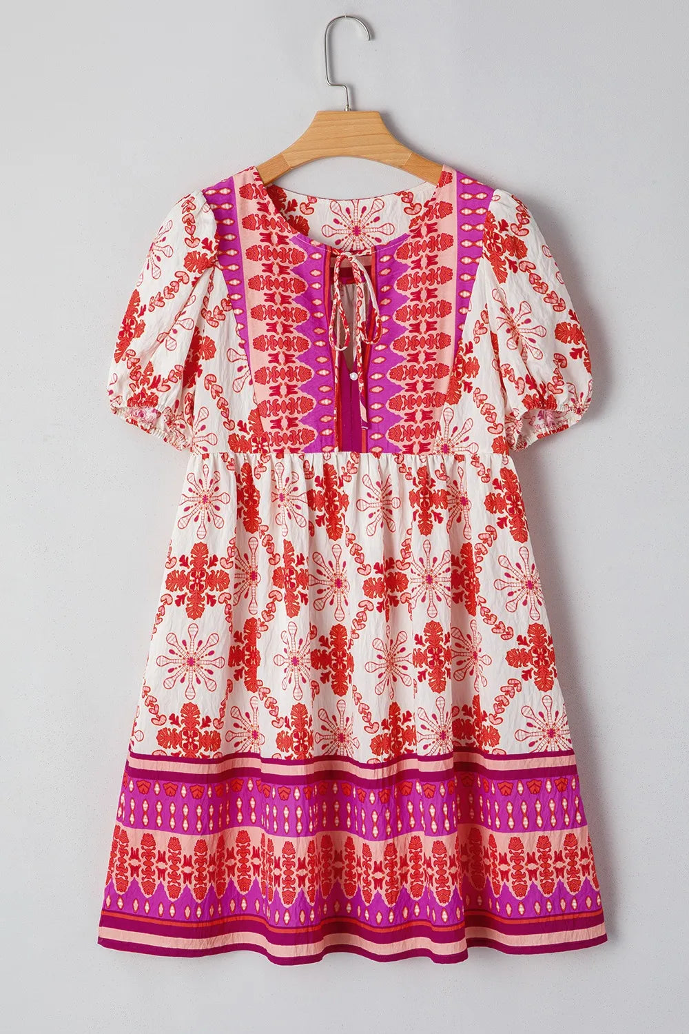 Boho Mini Dress Hot Pink Floral Short Sleeve Tie Neck f32ab31c-5e53-4ecc-8040-fca50b090f21-Max-Origin Trendsi