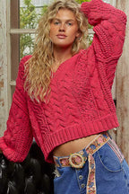 POL Womens Sweater Fuchsia Cable-Knit Solid V-Neck Cropped Oversized f32c6cbf-f344-40cd-826b-f8ed57c0701a-Max-Origin Trendsi