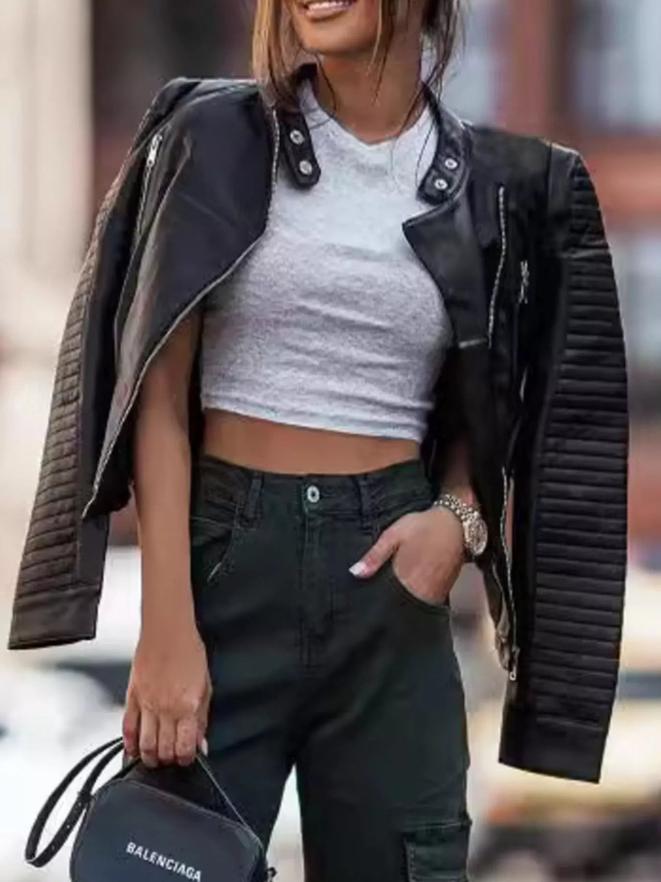 Women's Moto Jacket Quilted Pu Leather Long Sleeve Zipper Black Outwear Black f32e84c5-3542-4c3c-bd6c-25977c676f8f-Max-Origin Trendsi