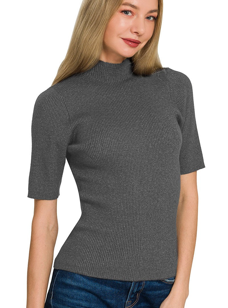 Zenana Viscose Ribbed Mock Neck Sweater with Short Sleeves