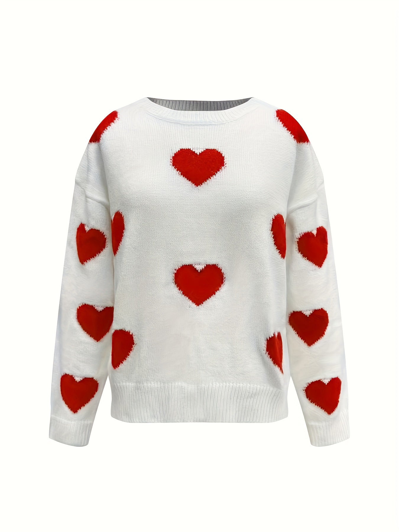 Sweater Heart Valentine’s Day Round Neck Long Sleeve Women White Pullover