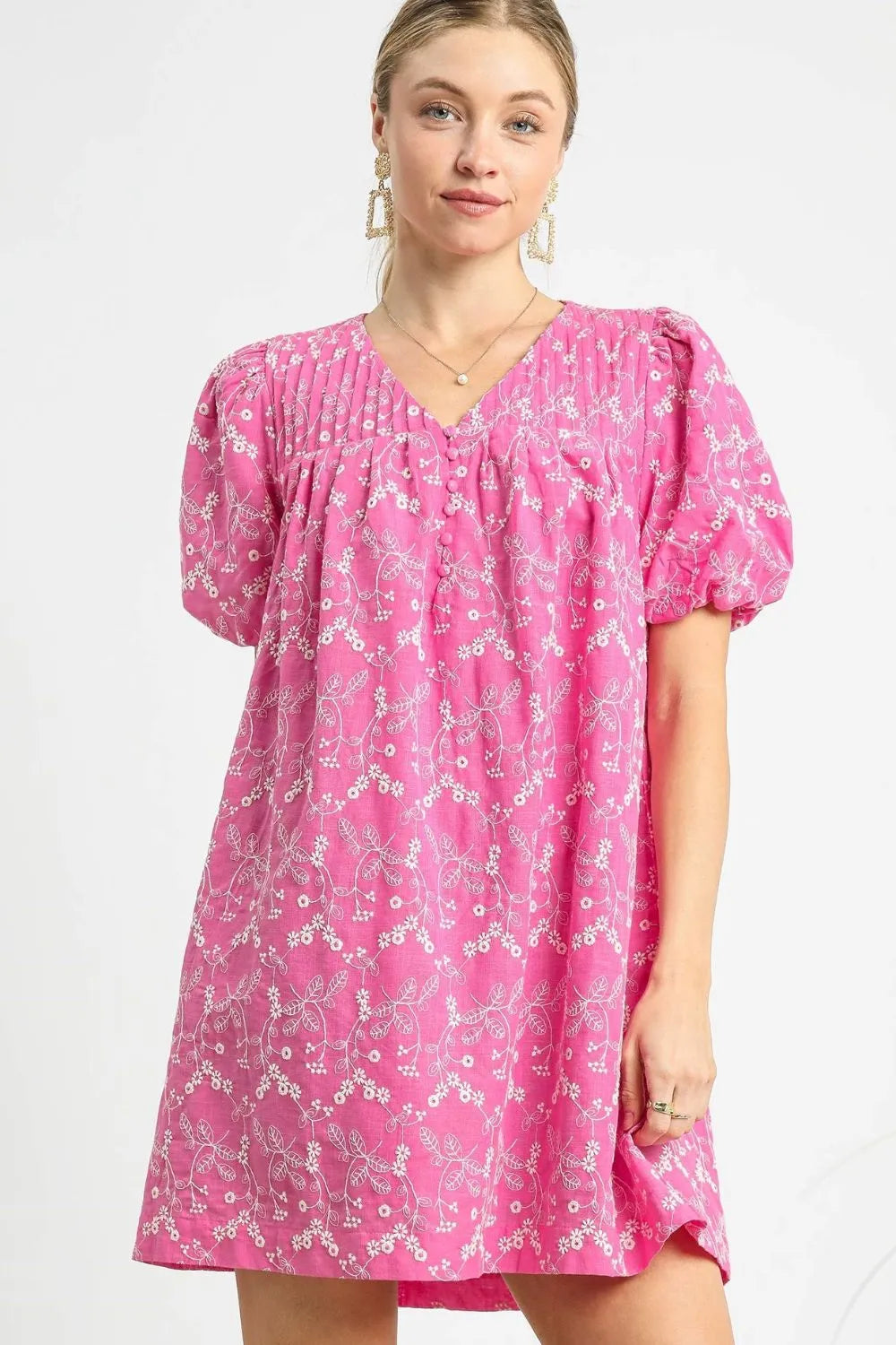 Umgee Mini Dress Hot Pink Floral Embroidered V-Neck Puff Short Sleeve Hot Pink f33a3530-7ba6-4ec6-93c0-878e93d3982e-Max-Origin Trendsi