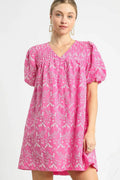 Umgee Mini Dress Hot Pink Floral Embroidered V-Neck Puff Short Sleeve Hot Pink f33a3530-7ba6-4ec6-93c0-878e93d3982e-Max-Origin Trendsi