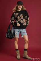 Umgee Womens Sweater Black Floral Taupe Long Sleeve Oversized Pullover f33ae1d8-e5dc-485a-b741-81c1cbe54826-Max-Origin Trendsi