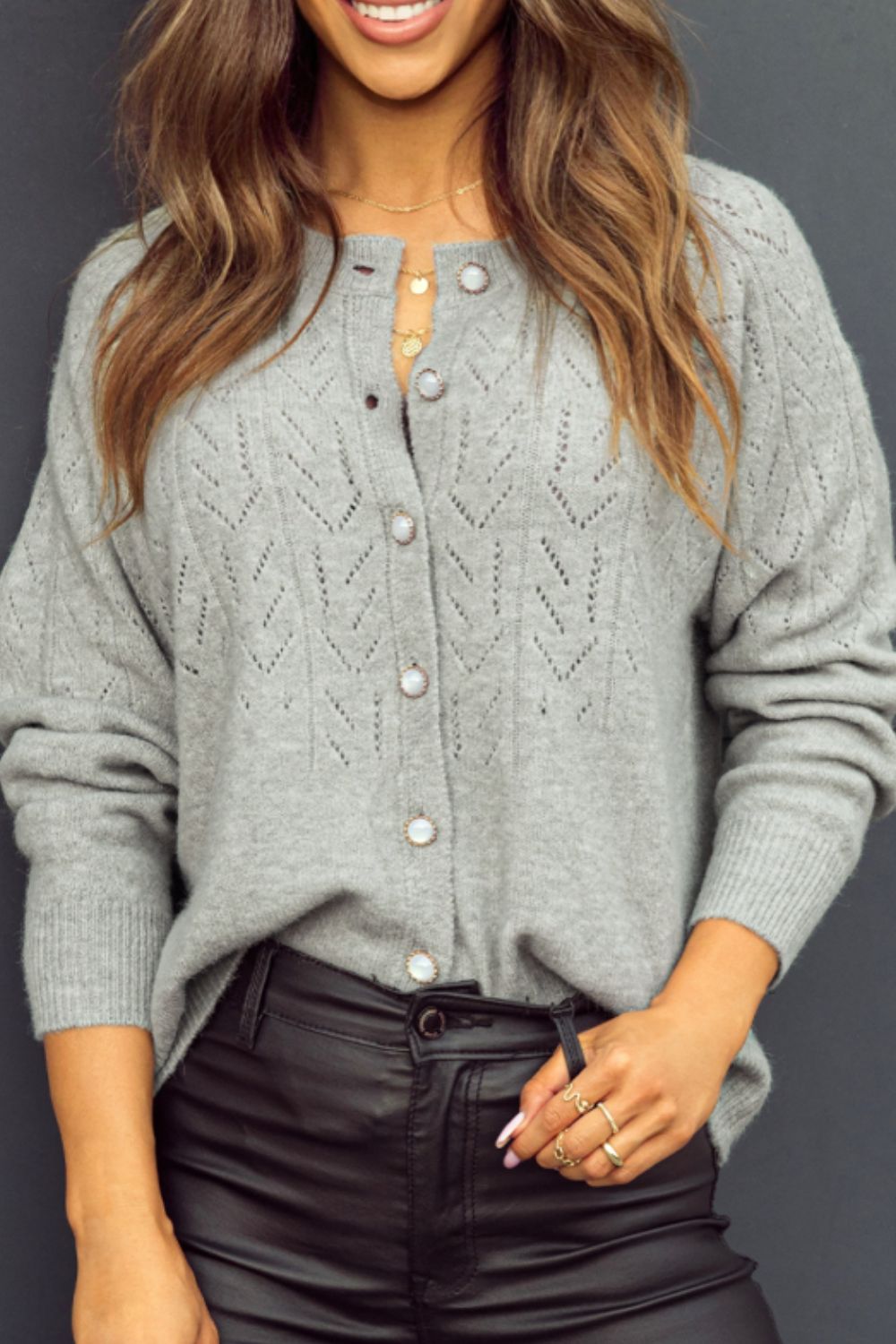 Gray Cardigan Woolen Blend Openwork Button Down Long Sleeve Knitwear f33d48d4-4d37-480a-903c-2af502dbeb3d-Max Trendsi