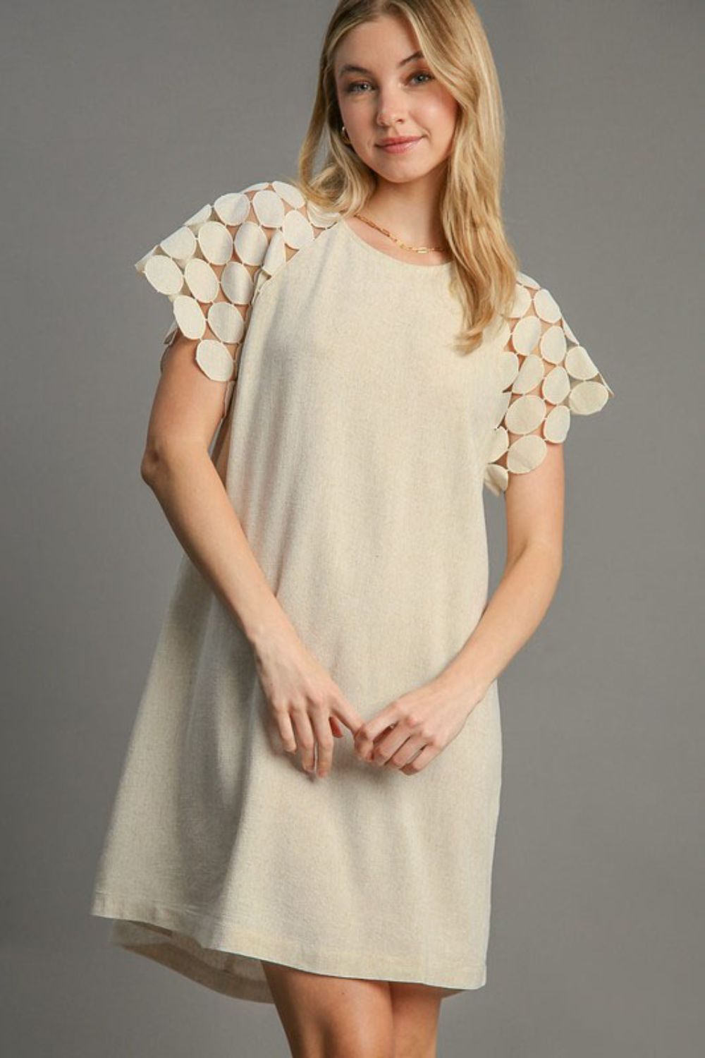 Umgee Mini Dress Round Neck Cut Out Short Sleeve Cotton Basic Style OATMEAL f3452e03-e079-4714-803e-631432db012c-Max Trendsi