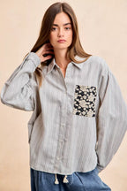 BiBi Womens Gray Stripe Shirt Black Flower Jacquard Knit Patch Pocket Top f34de92084ef40bb89d81a58d0247ae4-Max-Origin Trendsi