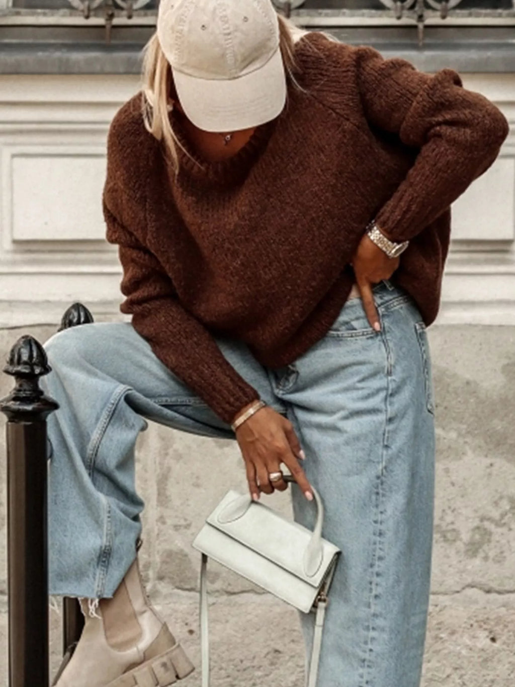 Women's Sweater Brown Knit Round Neck Drop Shoulder Oversized Pullover f3502606-2b71-46d2-94c8-4e324eccc109-Max-Origin Trendsi