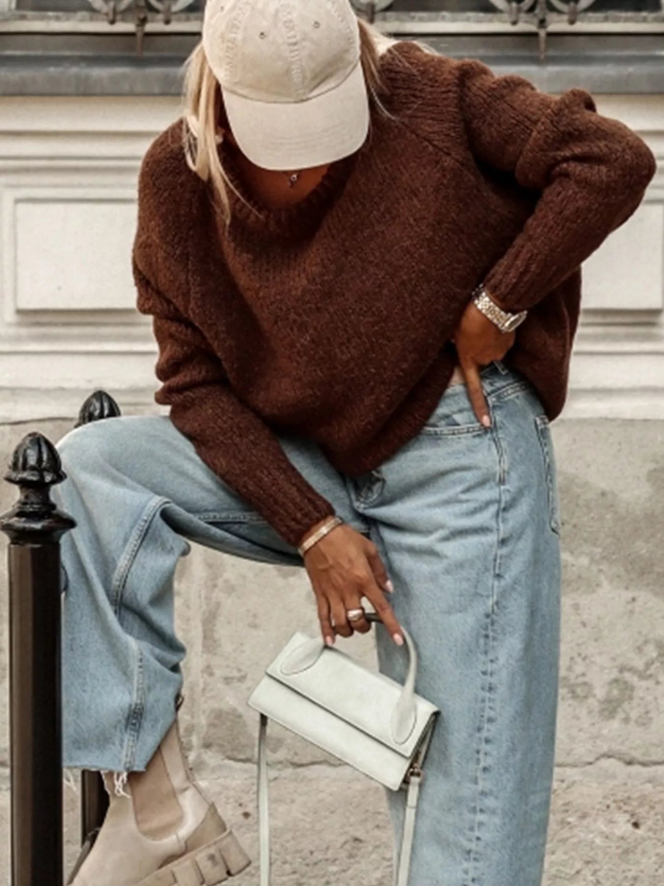 Women's Sweater Brown Knit Round Neck Drop Shoulder Oversized Pullover f3502606-2b71-46d2-94c8-4e324eccc109-Max-Origin Trendsi