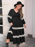 Plus Size V-Neck Long Sleeve Midi Dress with Lace Detail